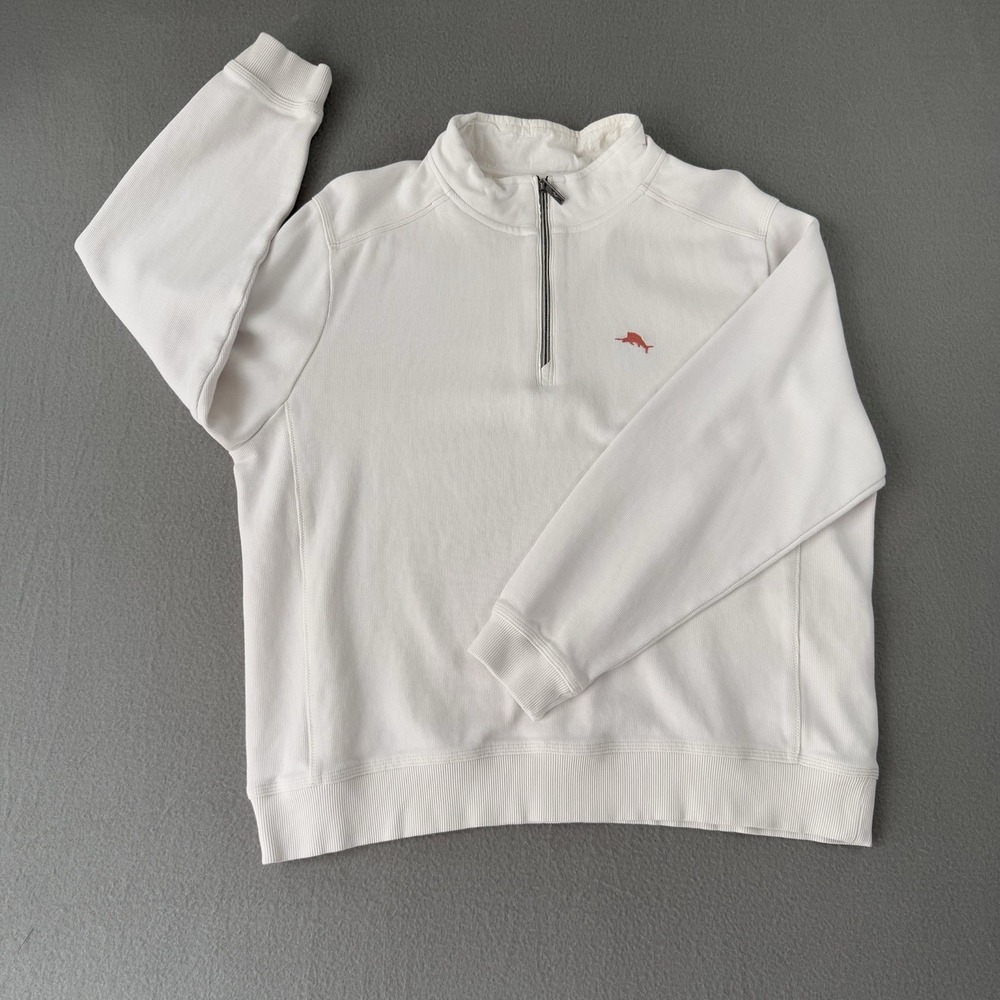 Tommy Bahama Nassau Mens Large White Ribbed Cotton Quarter Zip Pullover Sweater